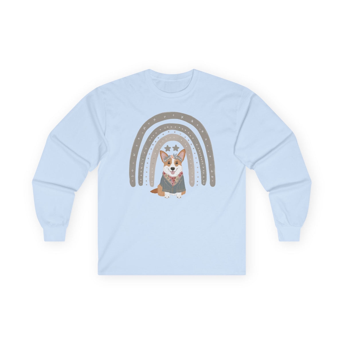 Cute Corgi with Rainbow Stars Long Sleeve Tee in Light Blue