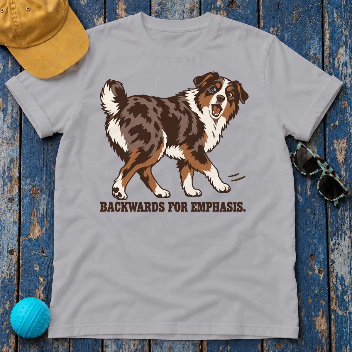Backwards For Emphasis Australian Shepherd T-Shirt in Athletic Heather