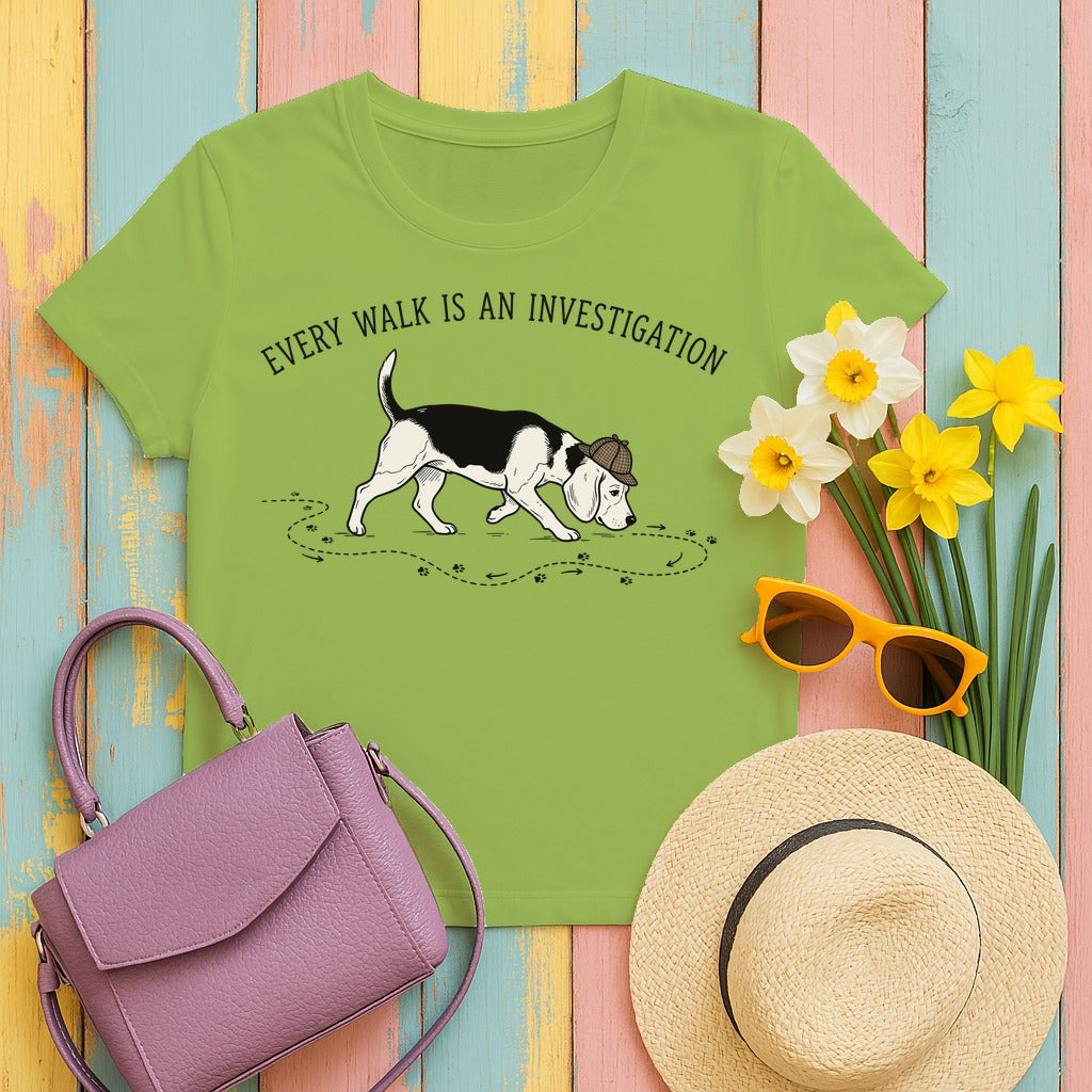 Every Walk Is An Investigation Beagle Sniff T-Shirt in Kiwi