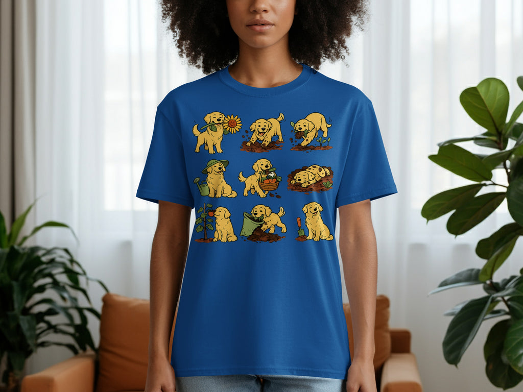 Blue t-shirt with cartoon golden retrievers gardening across the chest.