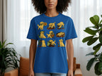 Blue t-shirt with cartoon golden retrievers gardening across the chest.