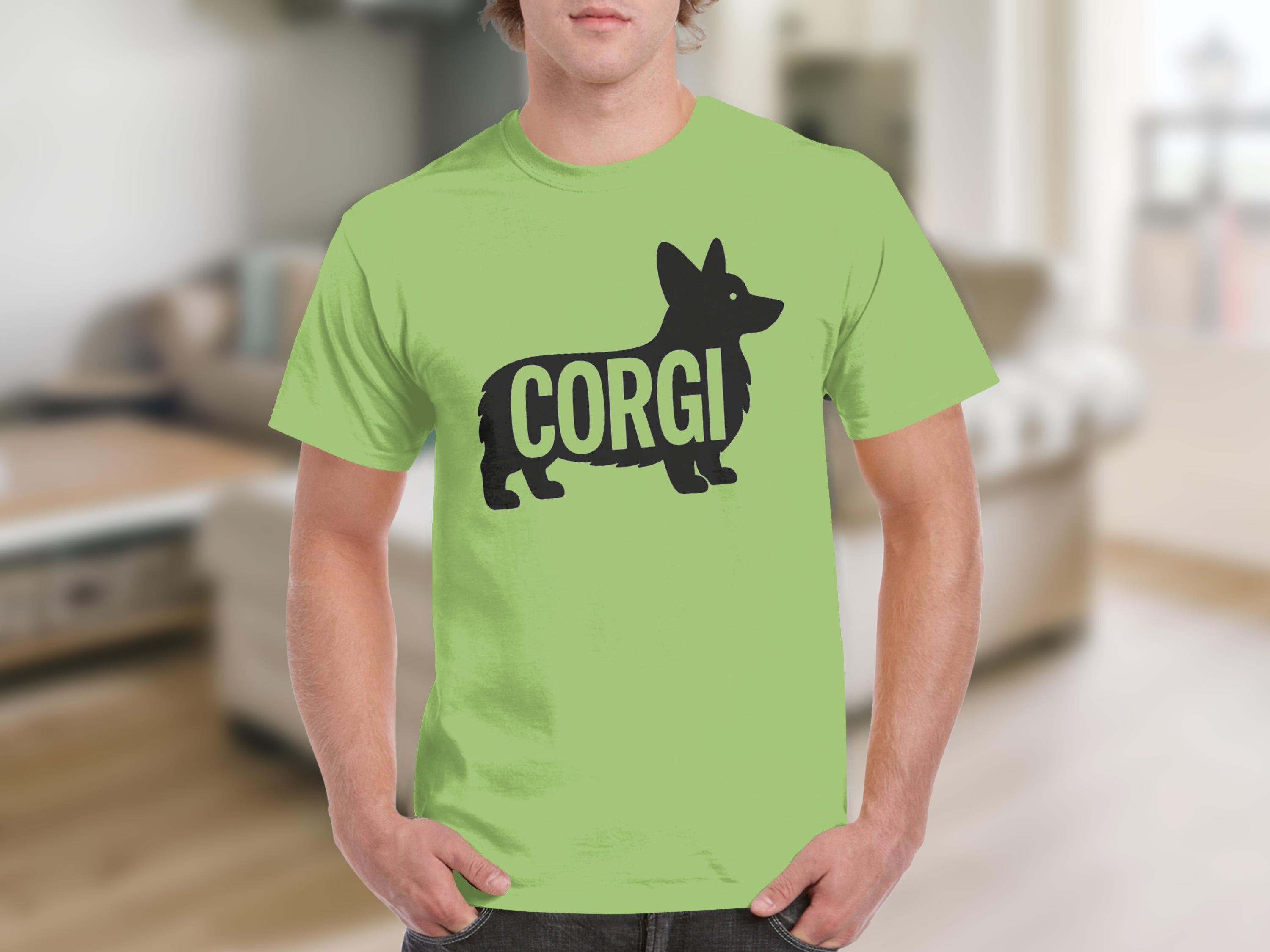 Light green t-shirt with black corgi silhouette and "CORGI" text.