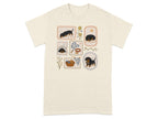 T-shirt featuring framed illustrations of dachshunds in various poses and activities.