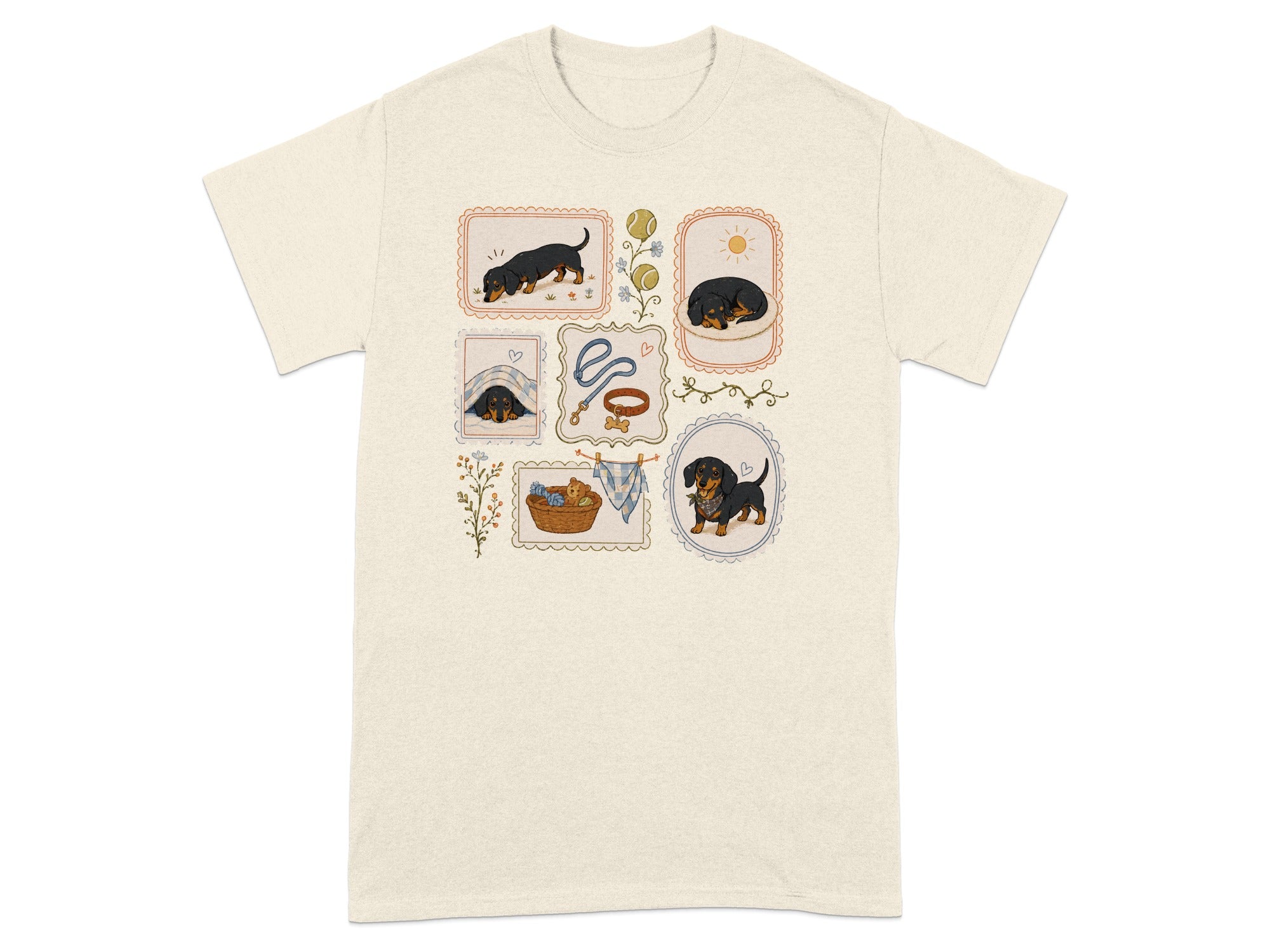 T-shirt featuring framed illustrations of dachshunds in various poses and activities.