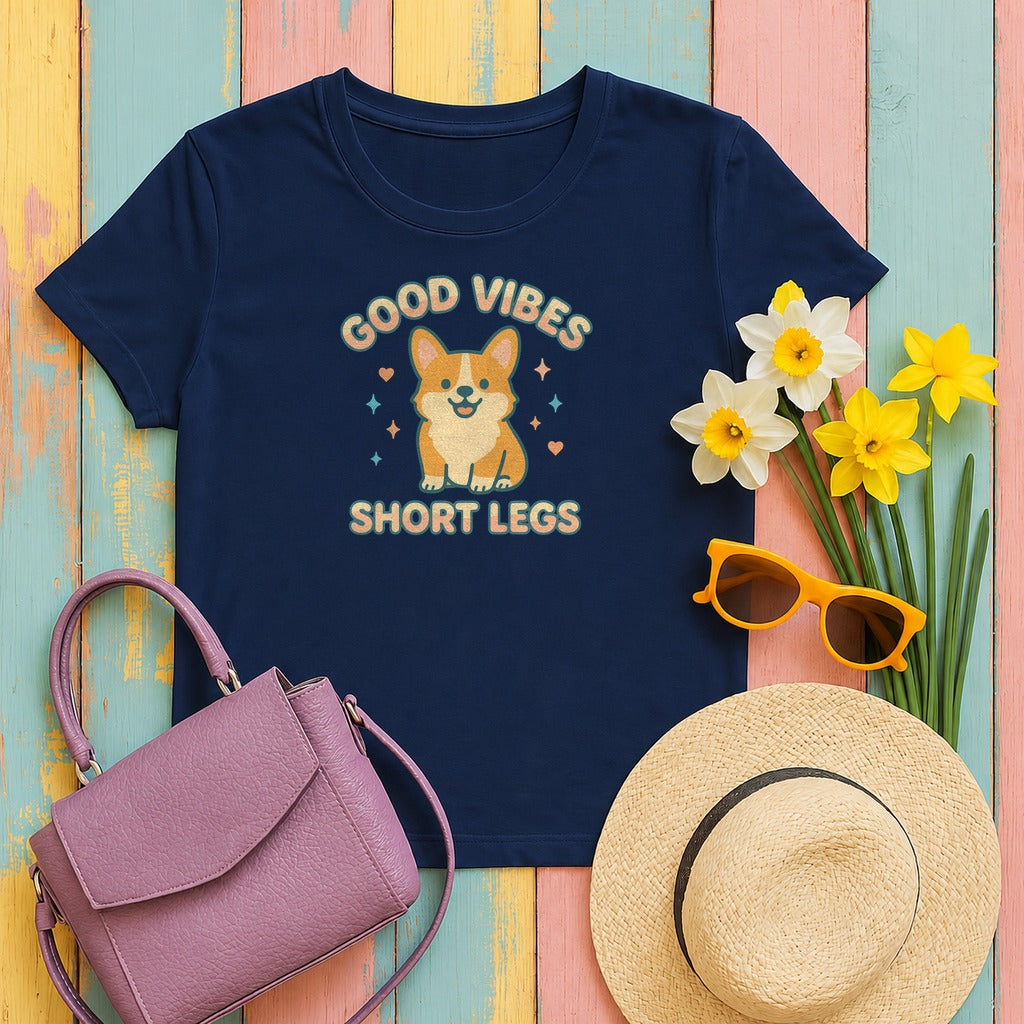 Corgi Dog Good Vibes And Short Legs Lovely Design T-Shirt in Navy