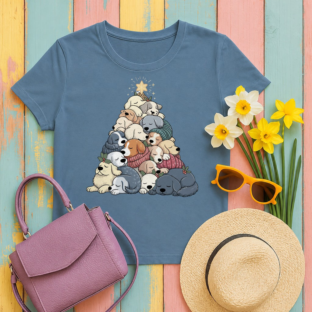 Sleeping Dogs Stacked Christmas Tree Funny Holiday T-Shirt in Steel Blue