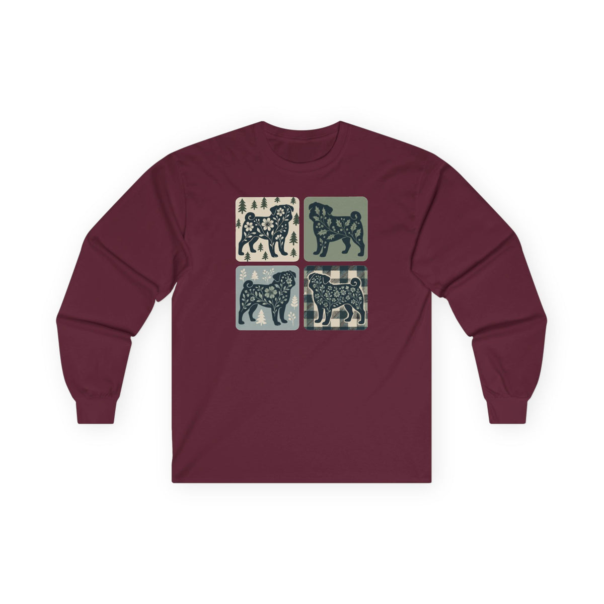 Floral Pug Silhouette Long Sleeve Tee in Maroon