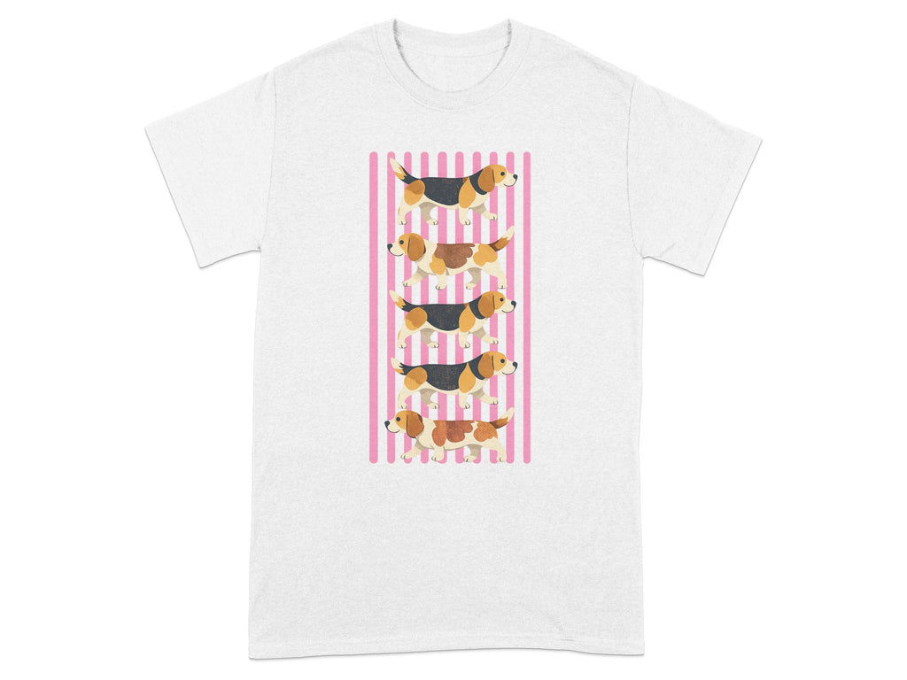 White t-shirt with a graphic of five beagles on pink stripes.