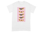White t-shirt with a graphic of five beagles on pink stripes.
