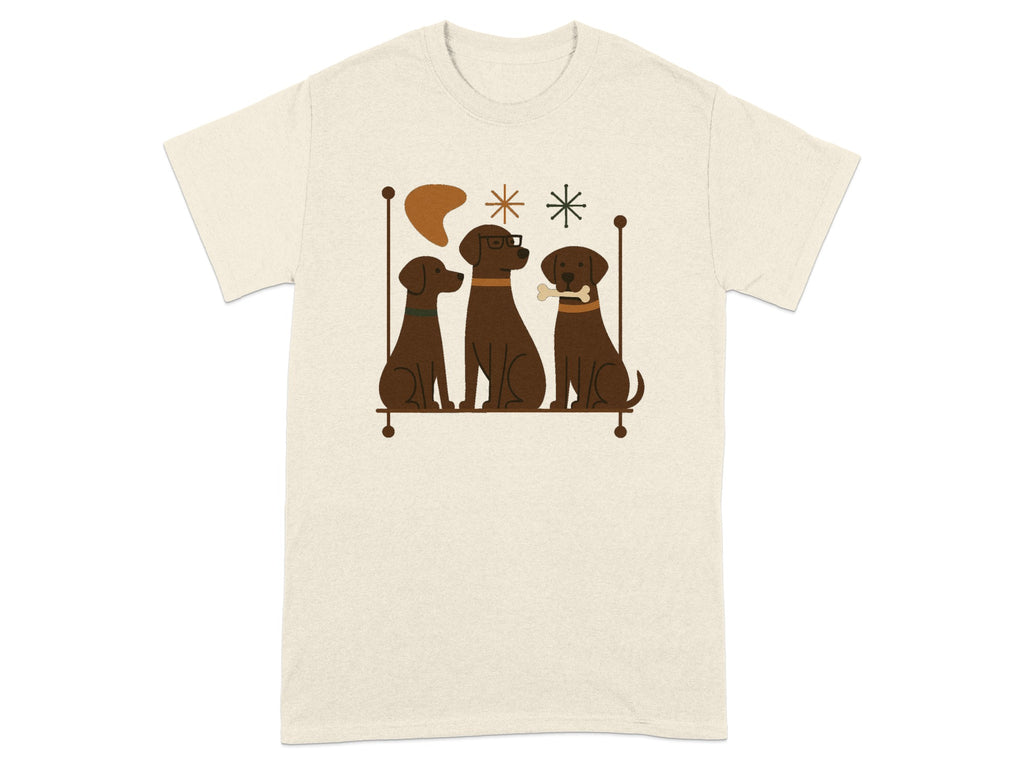 Three brown dogs sit on a shelf with abstract shapes and stars.