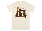 Three brown dogs sit on a shelf with abstract shapes and stars.