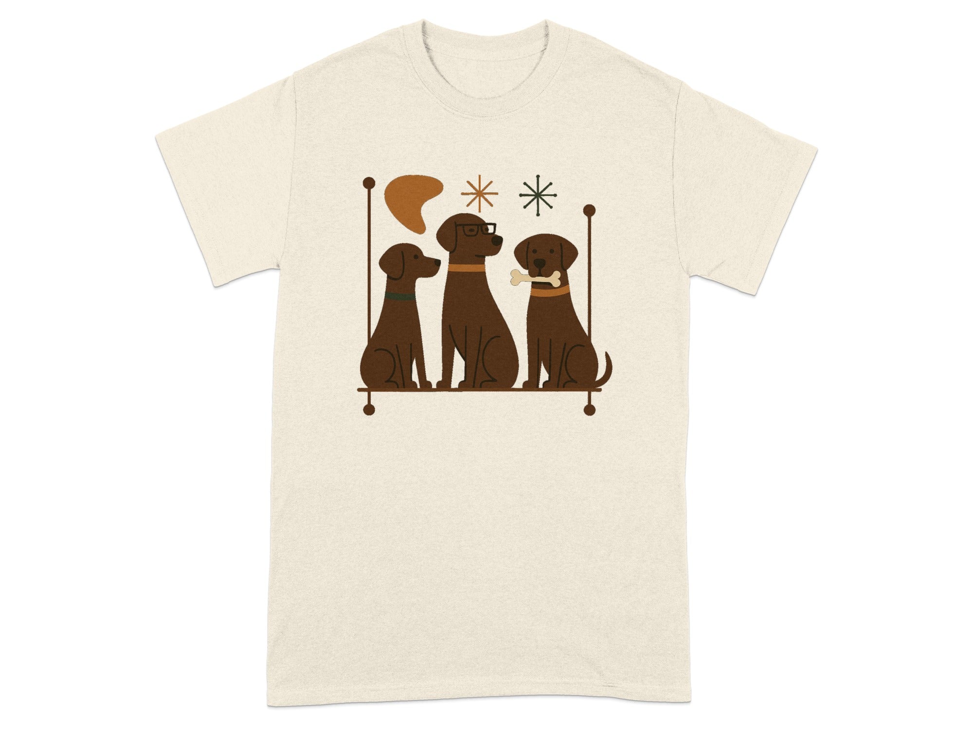 Three brown dogs sit on a shelf with abstract shapes and stars.