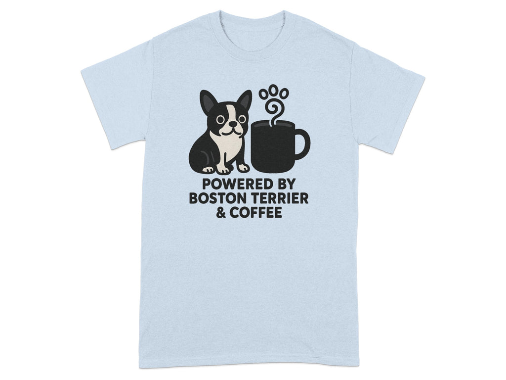 Light blue t-shirt with cartoon Boston Terrier and coffee mug graphic.