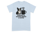 Light blue t-shirt with cartoon Boston Terrier and coffee mug graphic.