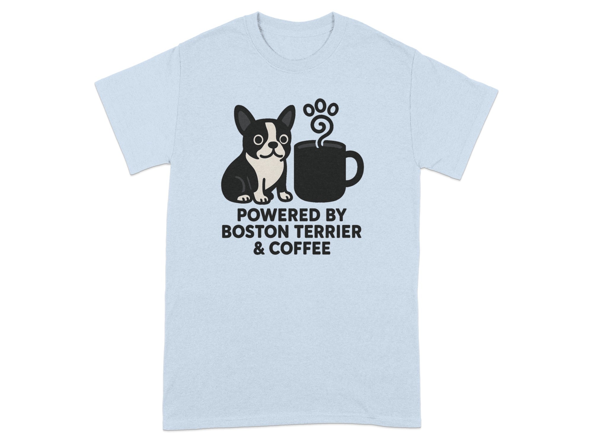 Light blue t-shirt with cartoon Boston Terrier and coffee mug graphic.