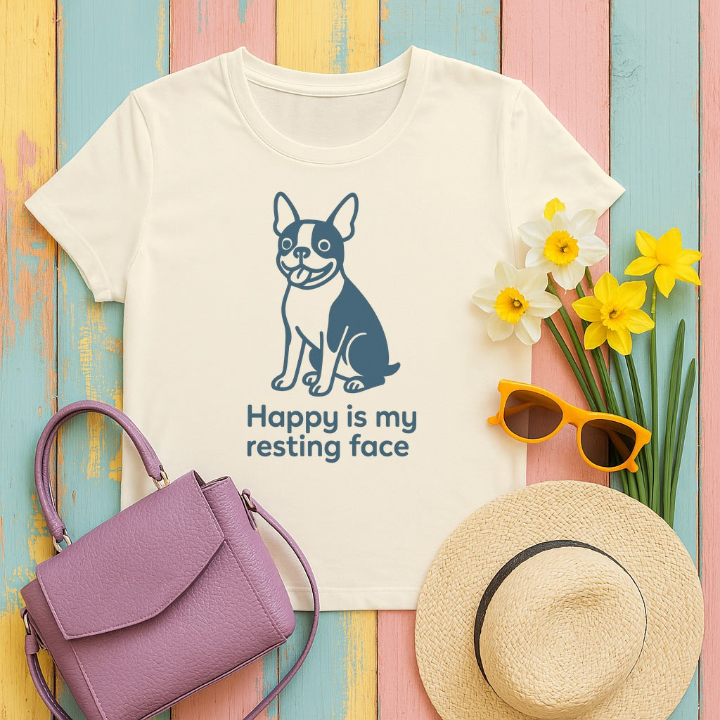 Happy Is My Resting Face - Funny Boston Terrier T-shirt in Natural