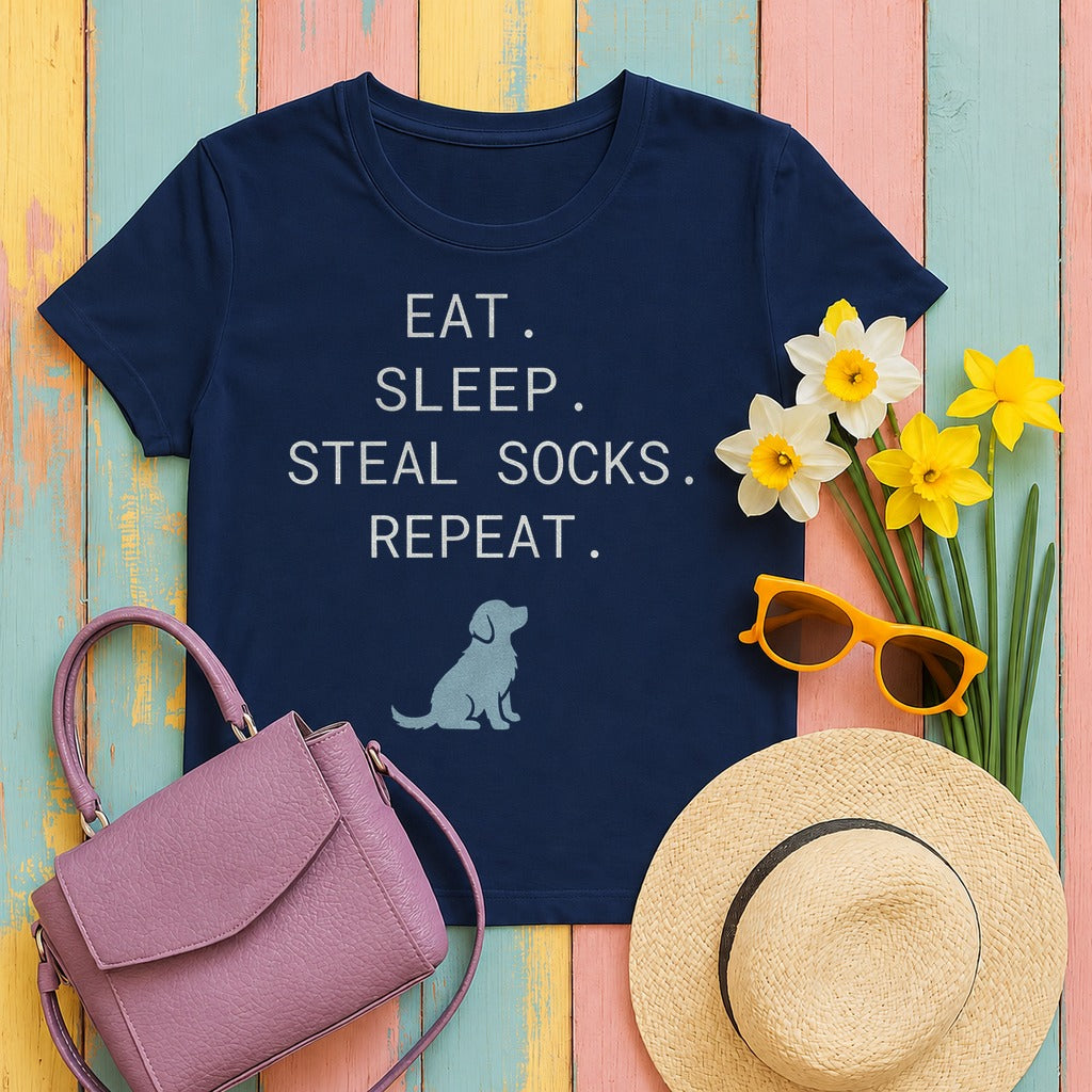 Golden Retriever Code: Eat, Sleep, Steal Socks T-Shirt in Navy