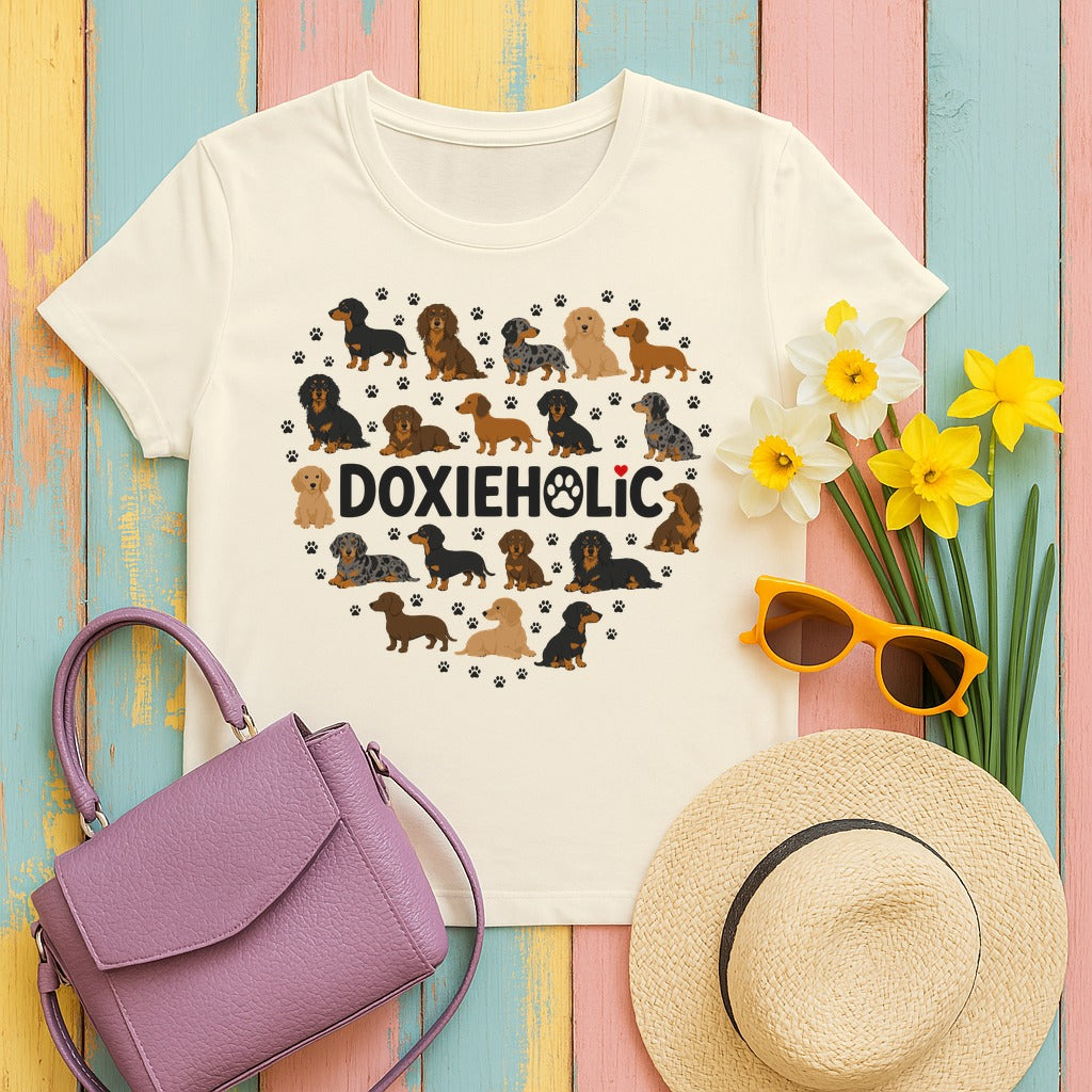 Doxieholic Heart Dachshund T-Shirt in Natural