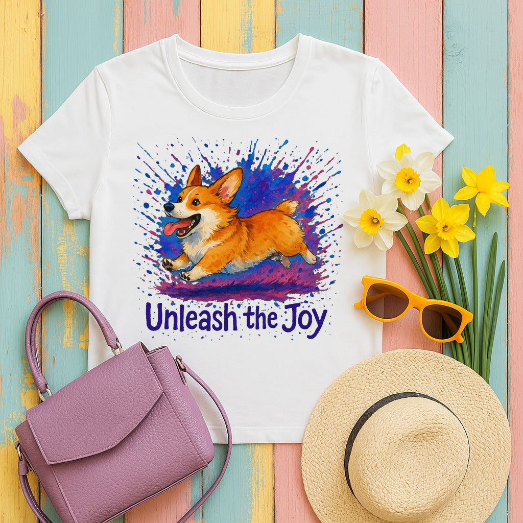 Unleash the Joy Playful Corgi Illustration T-Shirts in White