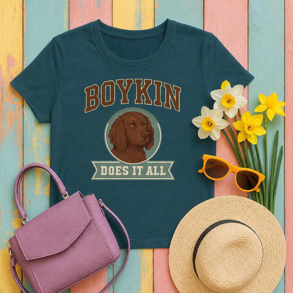 Boykin Spaniel Does It All Varsity T-shirt in Heather Deep Teal