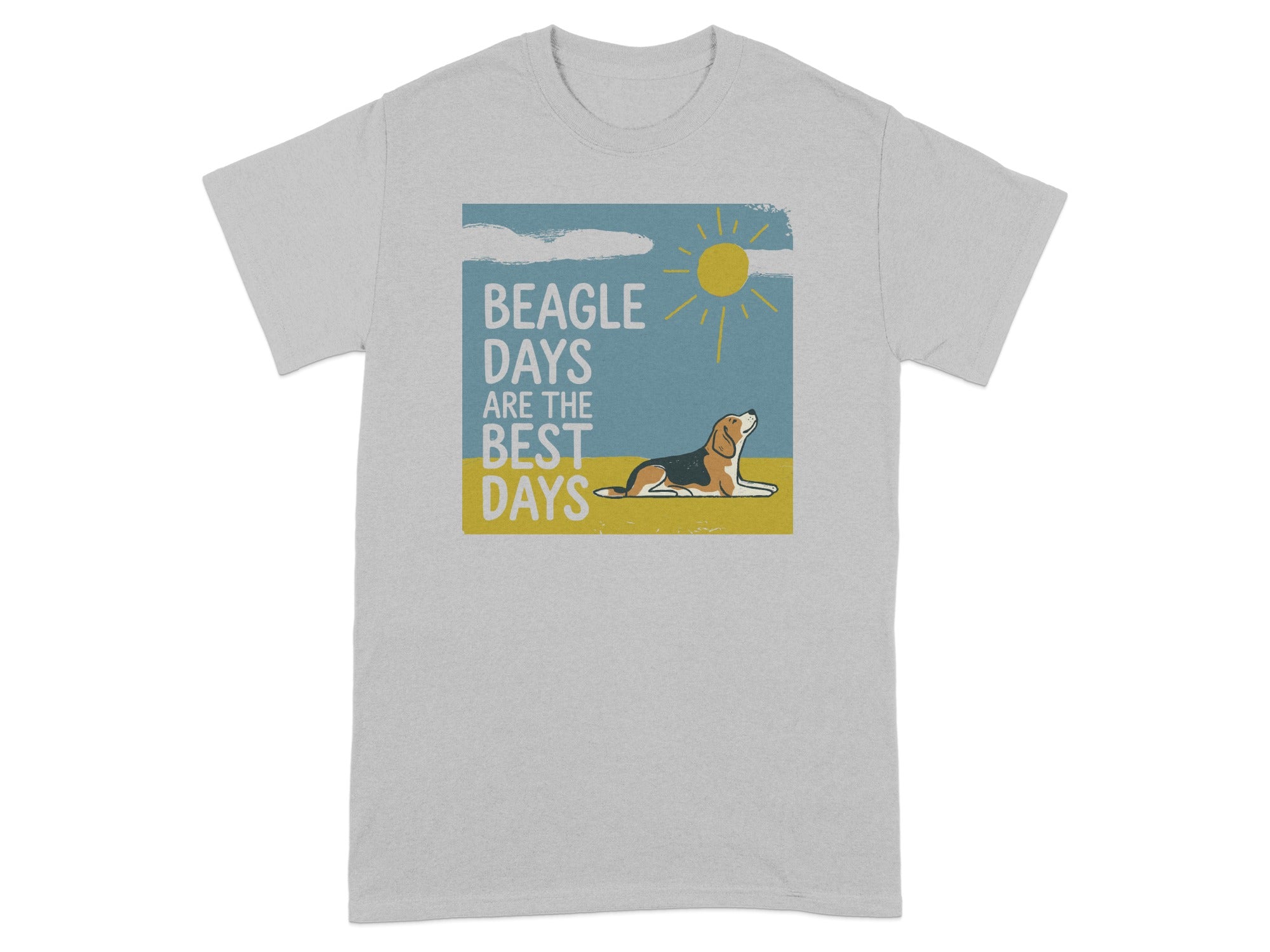Beagle lying down under a sunny sky with text "Beagle Days are the Best Days".
