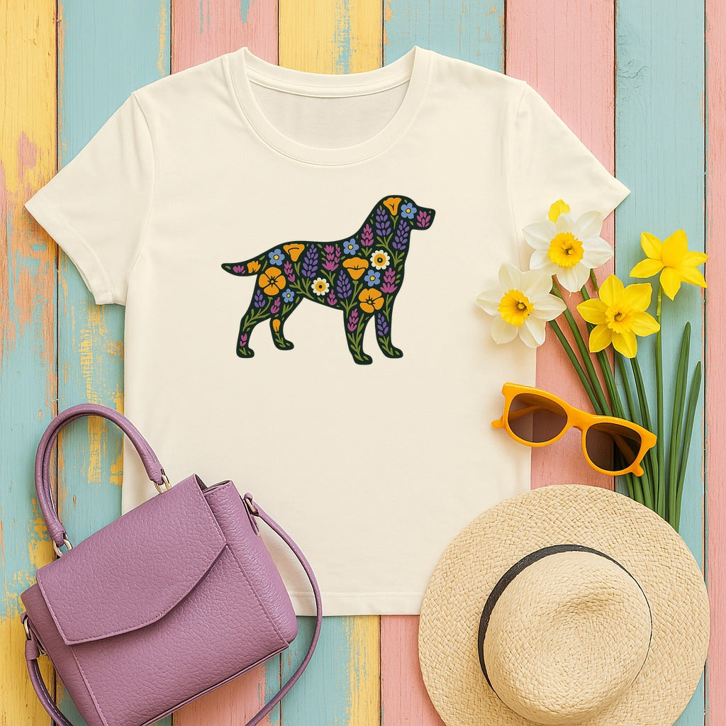 Floral Labrador Retriever Design Dog Lover Style Graphic Design T-Shirt in Natural