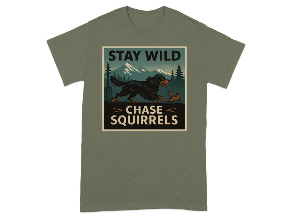 Green t-shirt with "STAY WILD CHASE SQUIRRELS" graphic featuring a dog and squirrel.