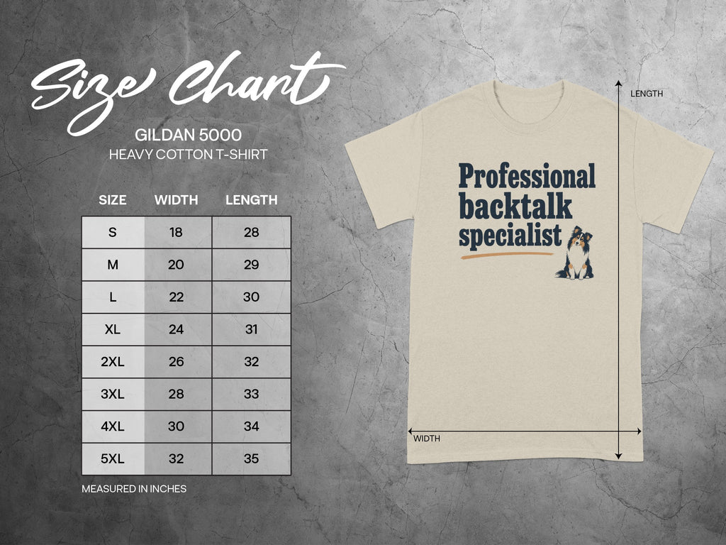 Gildan 5000 t-shirt size chart with width and length measurements.