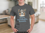 Dark grey t-shirt featuring an Australian Shepherd face and the text "Alert. Acrobatic. Aussie."