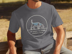 Dark grey t-shirt with white circular graphic of a beagle and text.