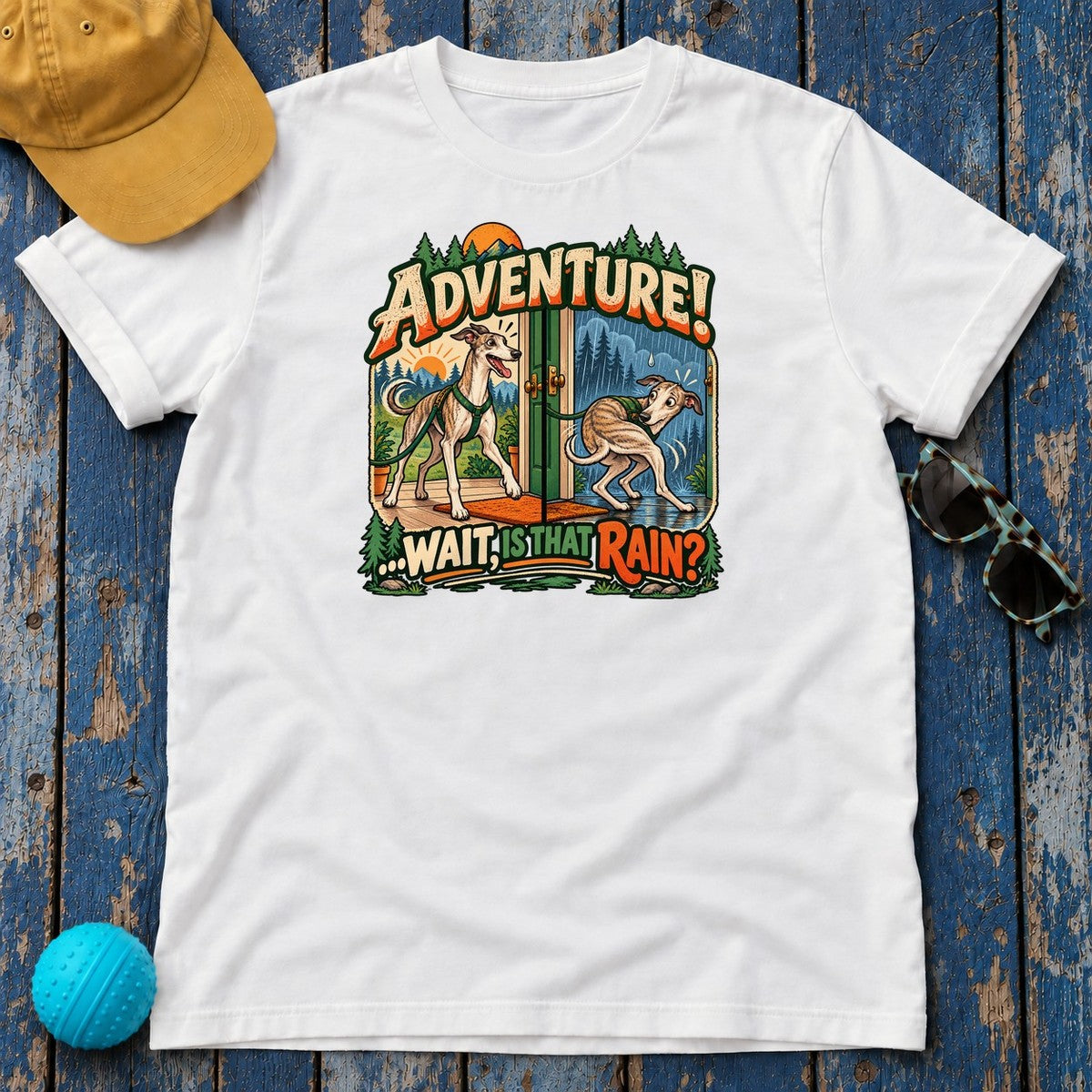 Adventure Wait Is That Rain Greyhound T-Shirt in White - flat lay