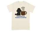 Black poodle sitting next to a steaming coffee mug with text "POWERED BY POODLE & COFFEE".