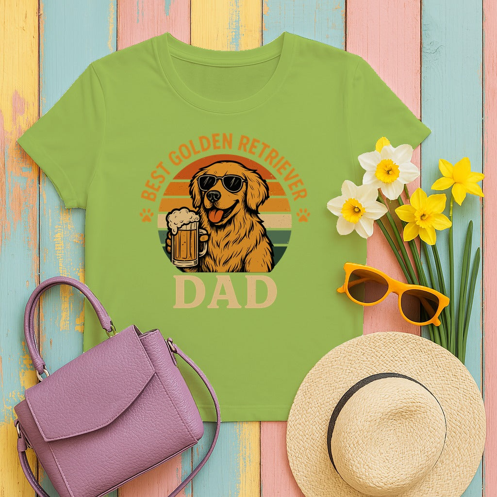 Best Golden Retriever Dad with Beer and Shades T-Shirt in Kiwi