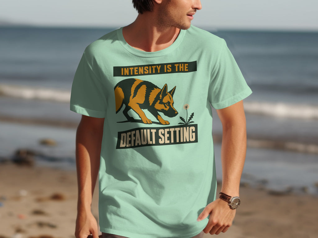 Man wearing a mint green t-shirt with a German Shepherd and text.