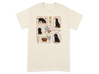 T-shirt with framed illustrations of a black dog and dog accessories.