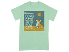Corgi Days Are The Best Days graphic with a corgi, sun, and clouds.