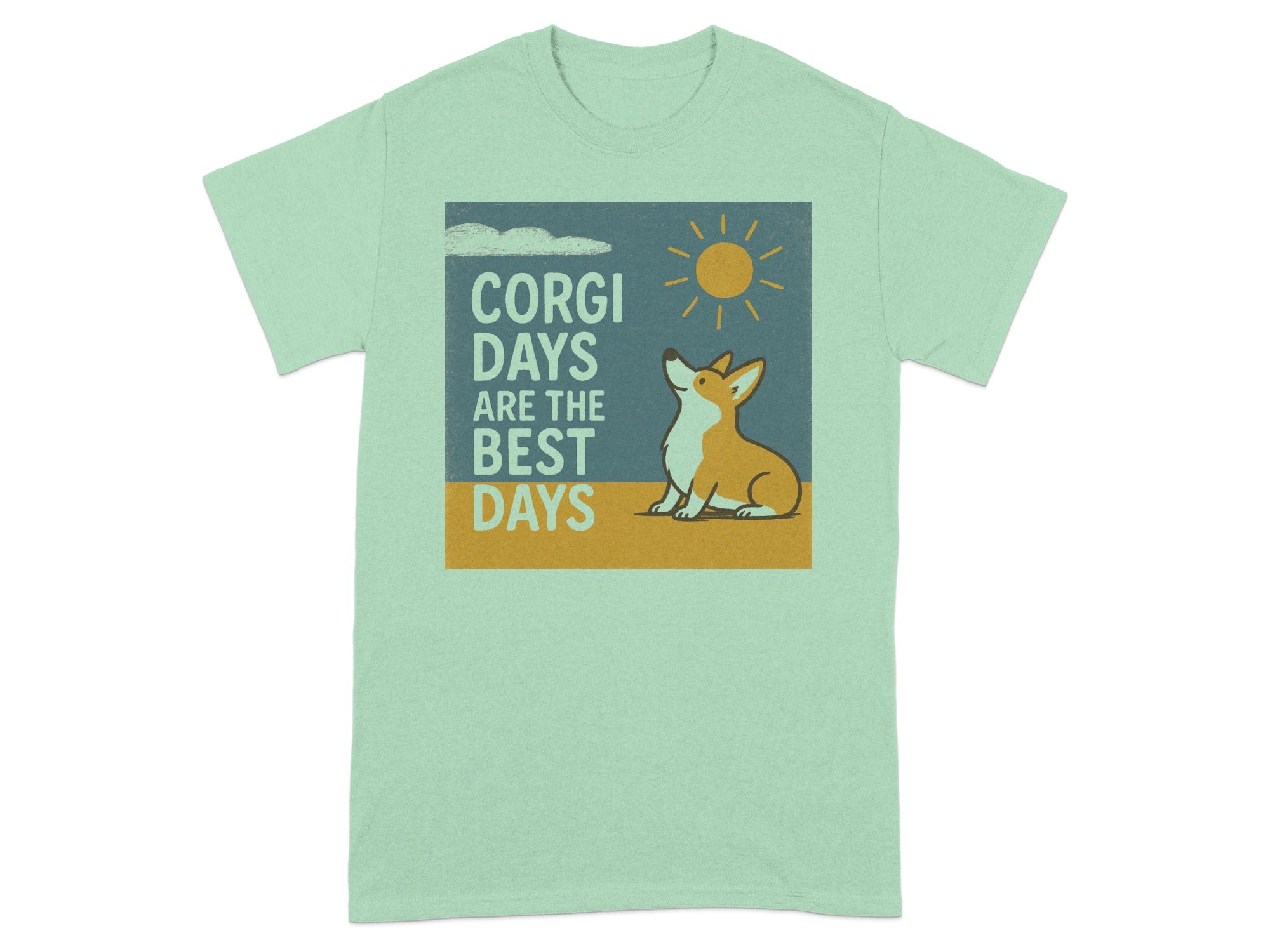 Corgi Days Are The Best Days graphic with a corgi, sun, and clouds.
