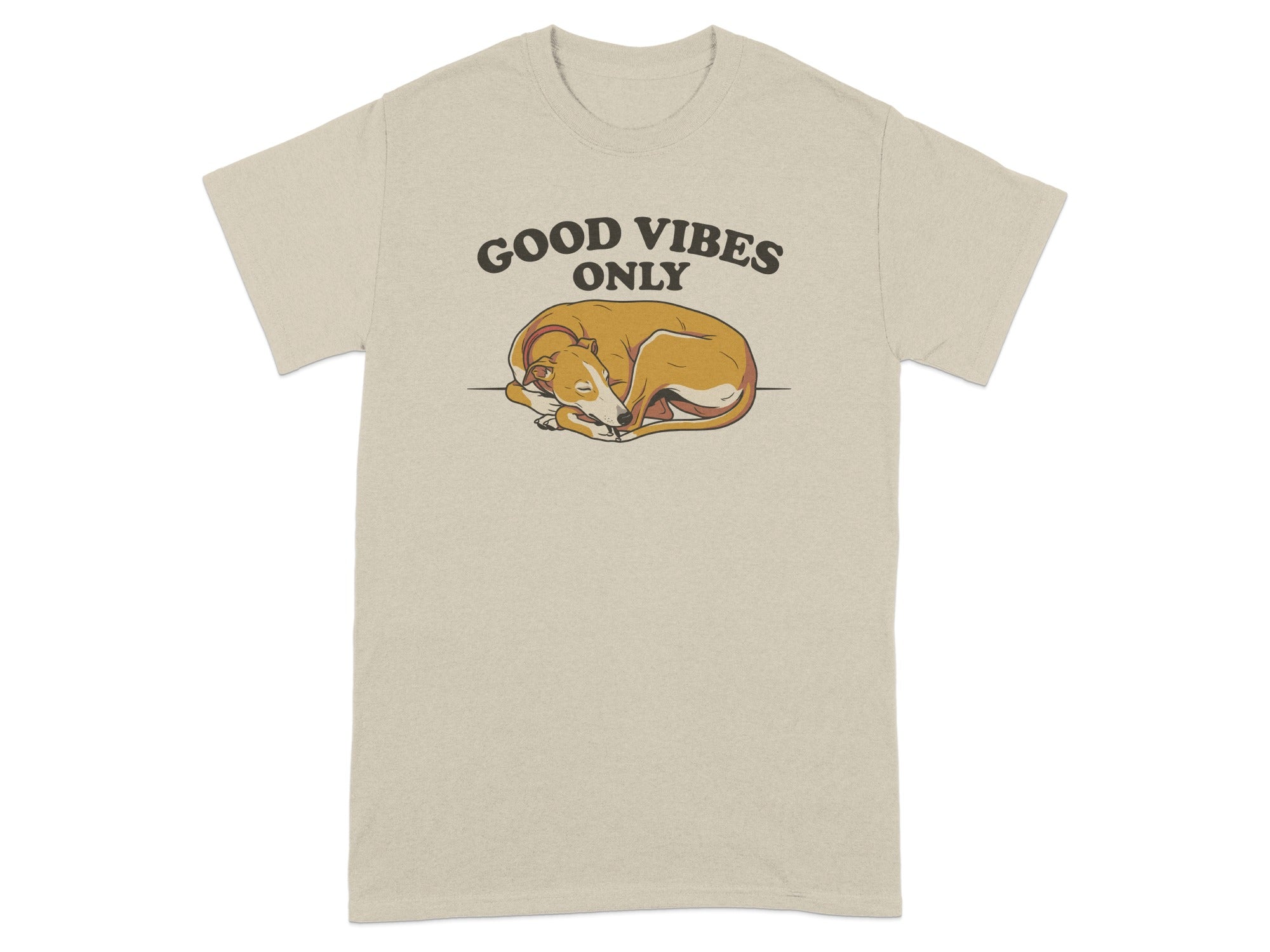 Beige t-shirt with "GOOD VIBES ONLY" above a sleeping dog graphic.
