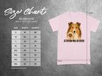 Gildan 5000 t-shirt size chart with dimensions and a dog graphic.