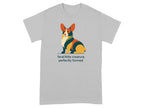 Gray t-shirt with abstract corgi design and text "feral little creature, perfectly formed".