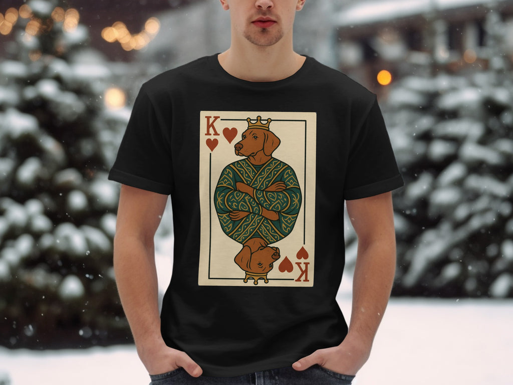 T-shirt with King of Hearts playing card graphic featuring a crowned dog.