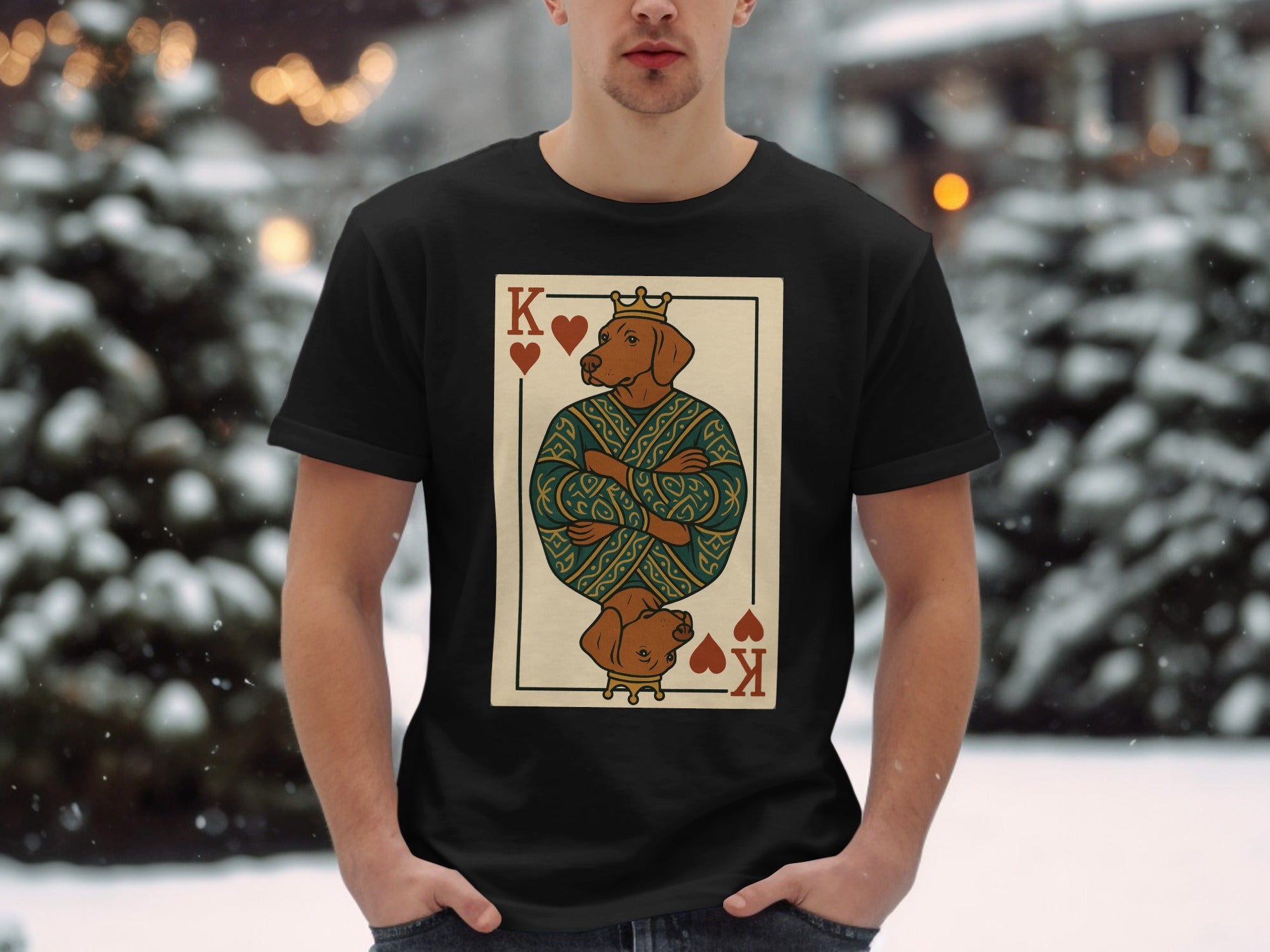 T-shirt with King of Hearts playing card graphic featuring a crowned dog.