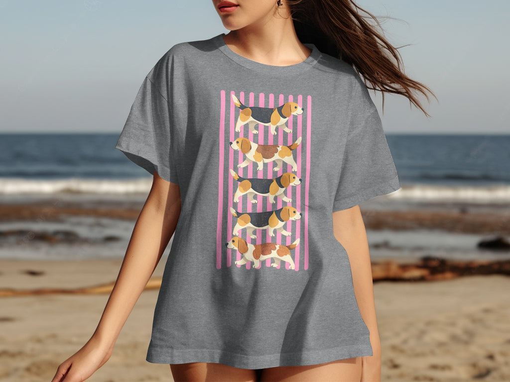 Grey t-shirt with a repeated beagle pattern on pink stripes.