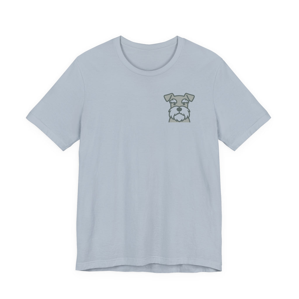 Smart Spunky Schnauzy Schnauzer Monochrome Back Print Tee in Light Blue, front pocket