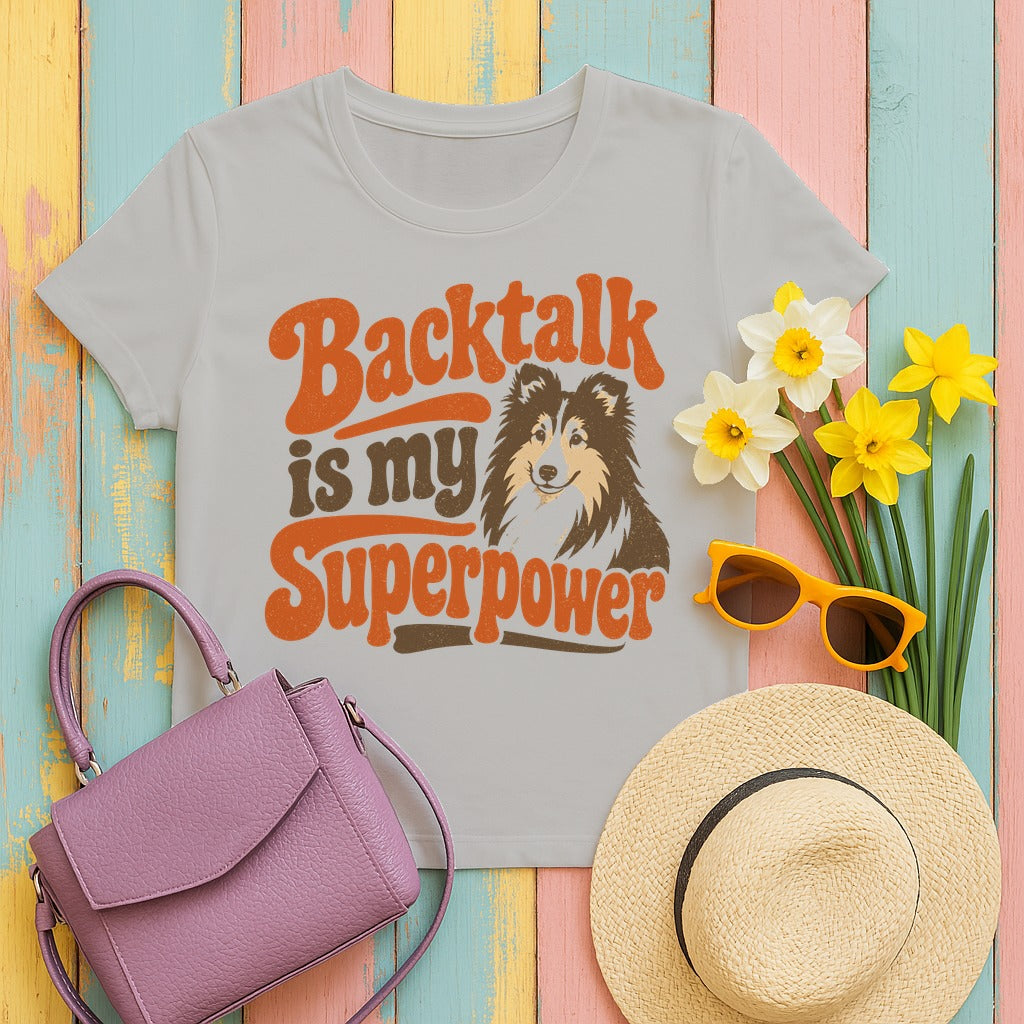 Retro Backtalk Superpower Sheltie T-Shirt in Ash