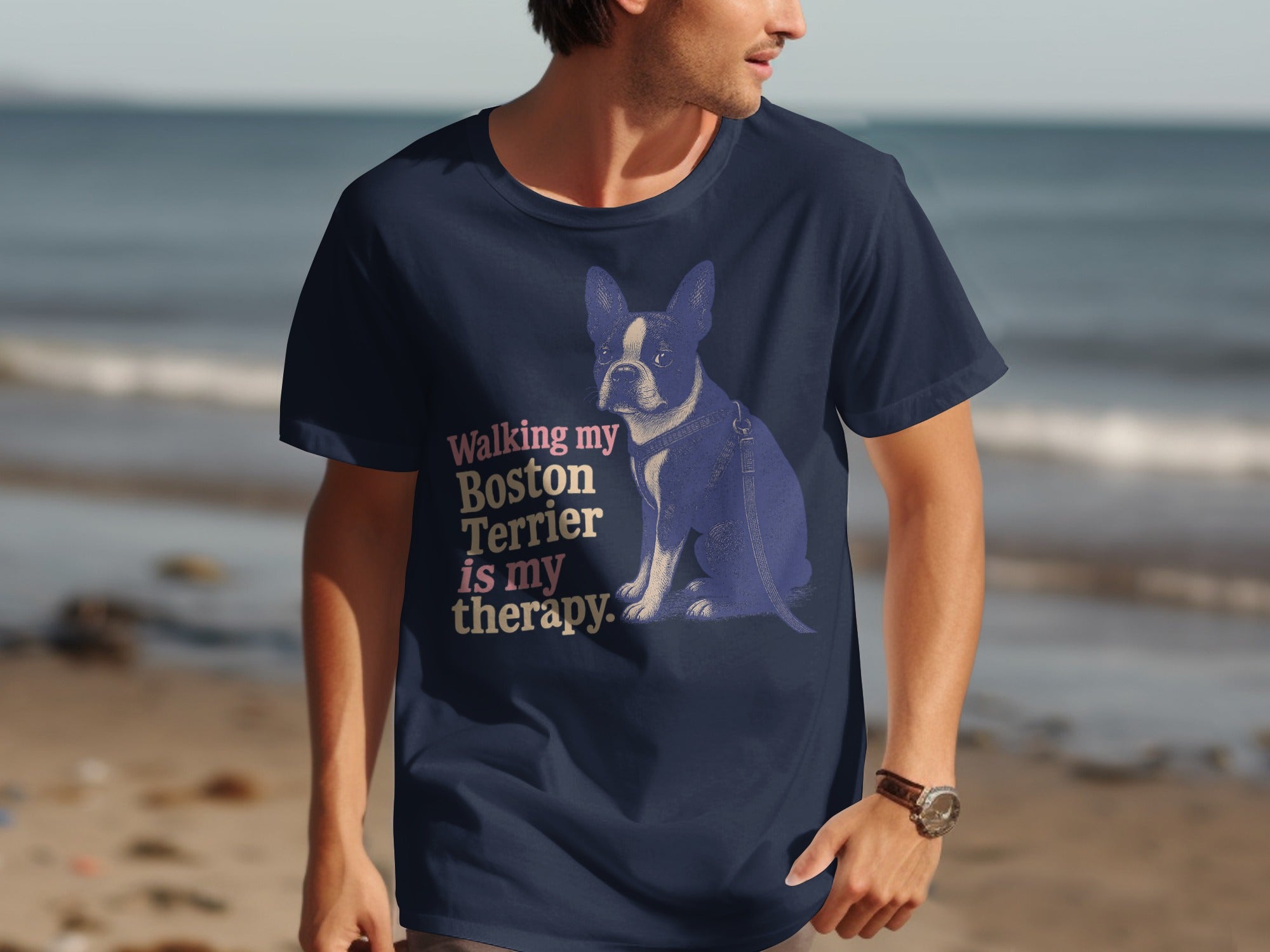 Navy t-shirt with a Boston Terrier graphic and text "Walking my Boston Terrier is my therapy".