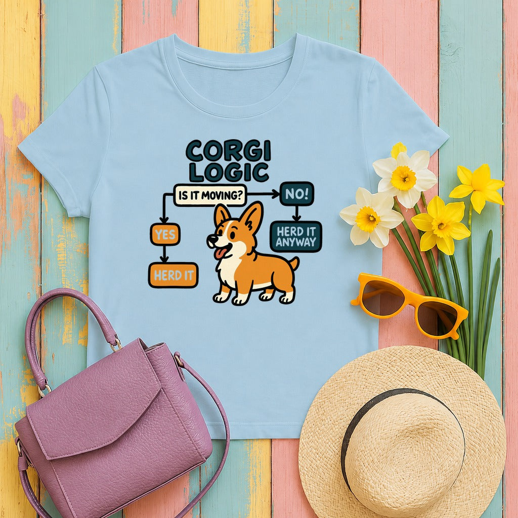 Corgi Logic Flowchart Illustrated T-Shirt in Light Blue