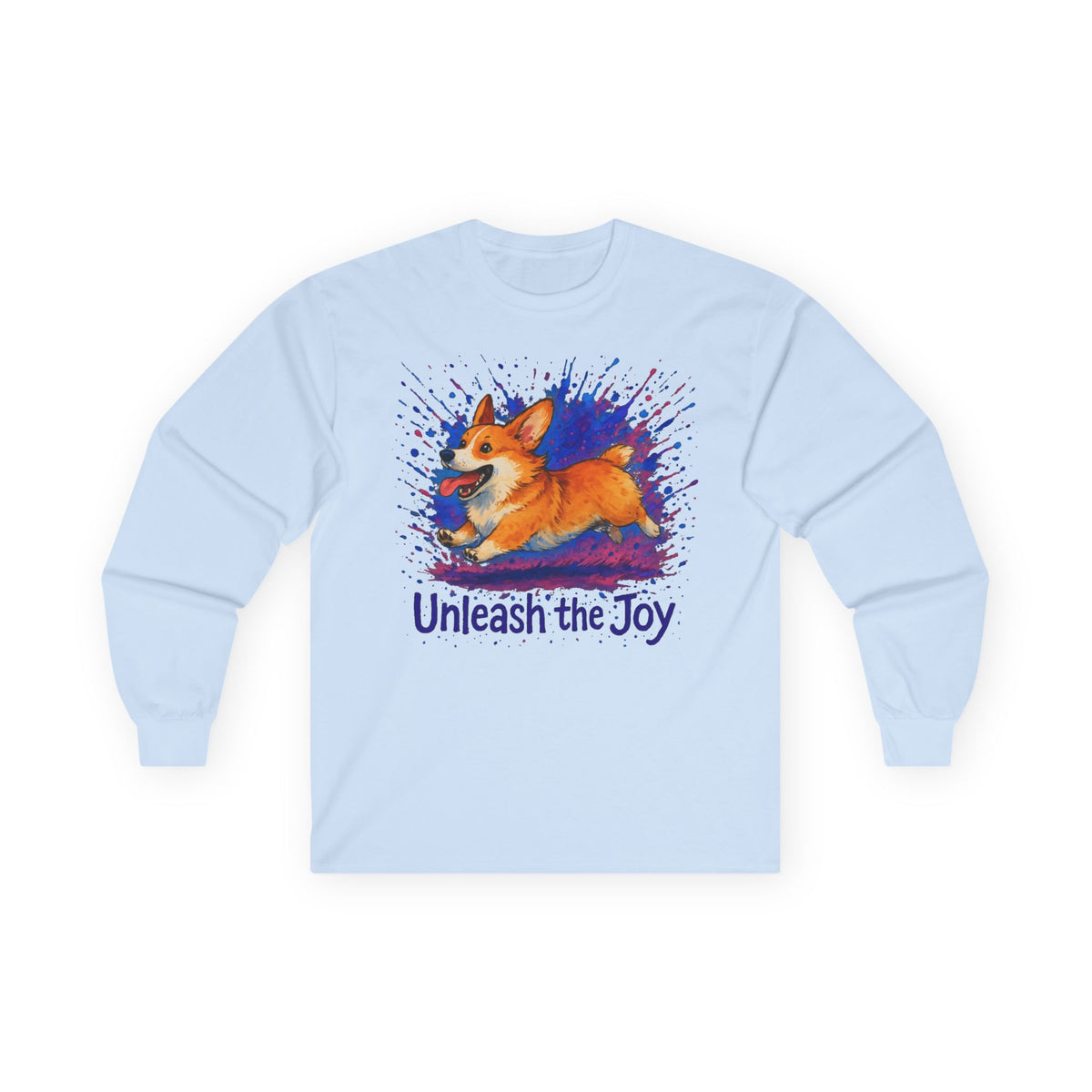 Playful Corgi Illustration Long Sleeve Tee in Light Blue