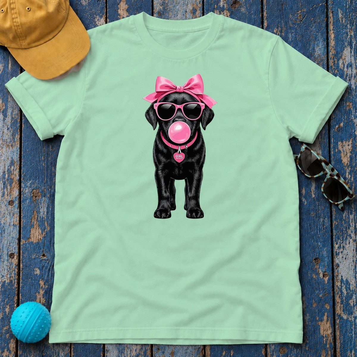 Pink Bubblegum Black Lab T-Shirt in Mint Green