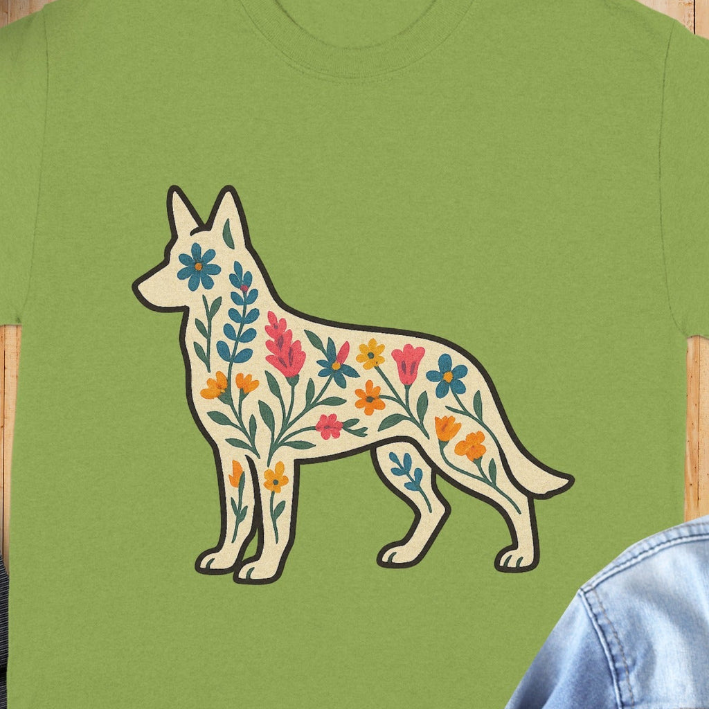 Floral Dog Design on Green T-Shirt Sale Now